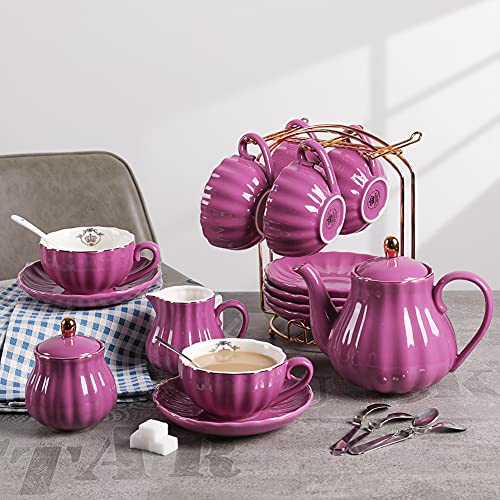 Porcelain Tea Sets British Royal Series, 8 OZ Cups& Saucer Service for 6, with Teapot Sugar Bowl Cream Pitcher Teaspoons and tea strainer for Tea/Coffee (Coral Pink)