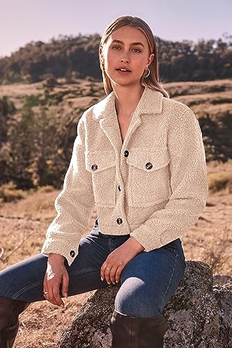 PRETTYGARDEN Womens Fall Clothes Sherpa Shacket Jacket Fuzzy Lapel Button Down Cropped Coat Winter Outerwear (Beige,Small)