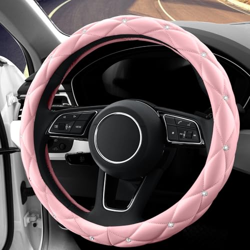 YOGURTCK Cute Diamond Soft Light Pink Leather Anti-Slip Steering Wheel Cover with Bling Bling Crystal Rhinestones, Universal 15 Inch for Women Girls, Fit Vehicles, Sedans, SUVs, Vans, Trucks