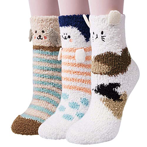 Loritta 3 Pairs Womens Fuzzy Socks Winter Warm Fluffy Soft Slipper Home Sleeping Cute Animal Socks,Solid Color Puppy