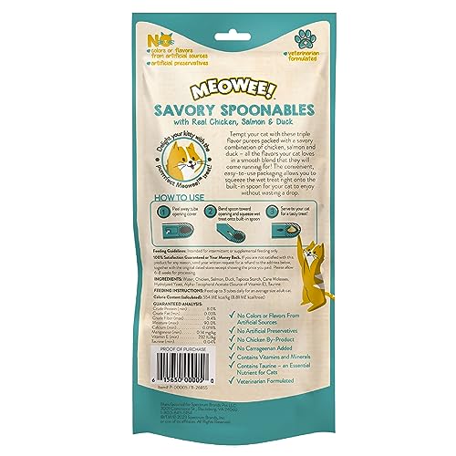 MEOWEE! Savory Spoonables with Real Chicken, Salmon & Duck, 4 Count Tube, Triple Flavor Squeezable Lickable Wet Treats for Cats with Built-in Spoon for Less Mess