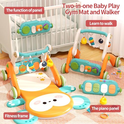 Jovow 2 in 1 Baby Gym with Walker,Baby Play Mat with 5 Infant Learning Sensory,Double-Sided Multifunctional Removable Play Piano Panel,Sit-to-Stand Learning Walker for 0-24 Months Boy Girl [Orange]