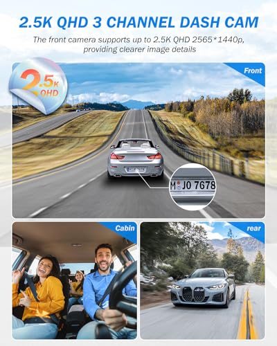3 Channel 2.5K Dash Cam, 1440P Dash Cam Front and Rear Inside, Dash Camera for Cars, Triple Car Camera with 32GB Card, G-Sensor, 24Hr Parking, 170°Wide Angle, Loop Recording, IR Night Vision, Blue