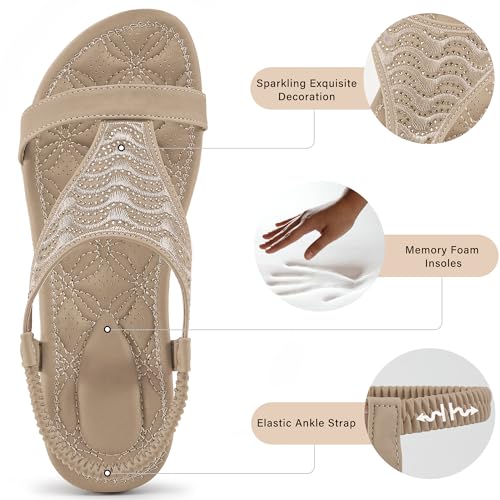 HARENCE Flat Sandals for Women Dressy: Casual Summer Womens Sandal Comfort Elastic Ankle Strap Slip on Flats Shoes