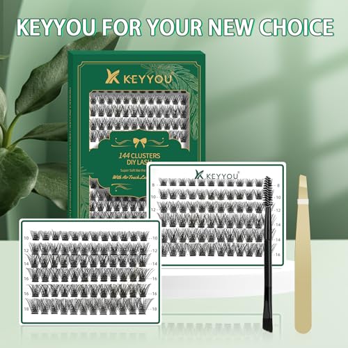 Lash Clusters,96 Pcs Cluster Lashes D Curl 14mm DIY Lash Extensions Eyelash Clusters,KEYYOU Volume Wispy Individual Lashes Soft&Comfortable Easy DIY at Home(Y10,D-14mm)