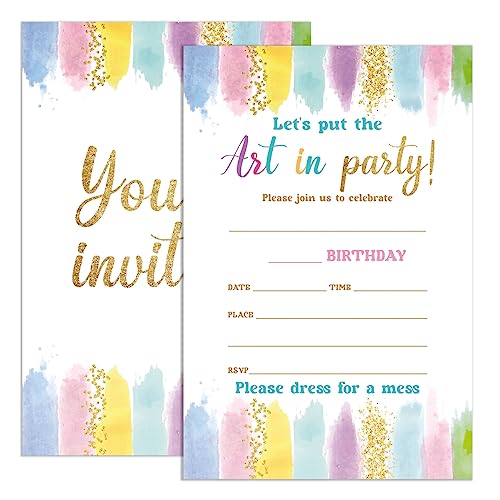 UDNADKEX Art Birthday Invitations Girl with Envelopes, Invites for Girls Birthday Party Art Painting, Paint Birthday Party Invitations Cards, 4"x6" Set of 20, Let's Create & Celebrate