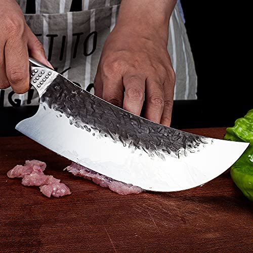 HomeEase Butcher Knife, Viking Knife with Sheath Heavy Duty Boning Knife Meat Cleaver Chopper Hand Forged High Carbon Steel Sharp Chef Knives for Kitchen Outdoor Camping with Gift Box