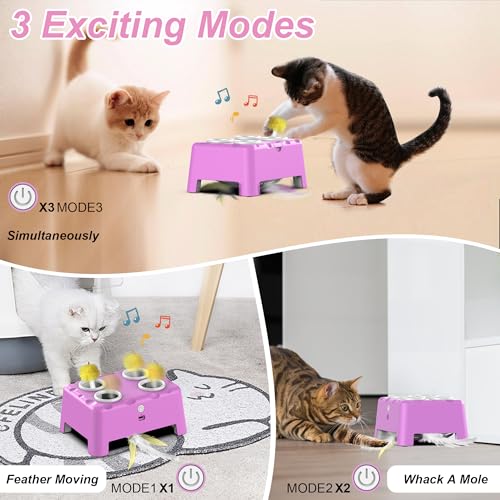 Interactive Cat Toys, 2-in-1 Automatic Cat Toy, 4 Holes Mice Whack A Mole Cat Mouse Toy with Moving Feather, Portable USB Rechargeable Electronic Kitten Toys (Blue)