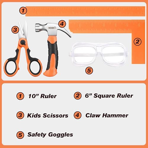 REXBETI 10-Piece Kids Tool Set with Real Hand Tools, Orange Durable Storage Bag, Children Learning Tool Kit for Home DIY and Woodworking, 6+ Year Old Birthday Gift
