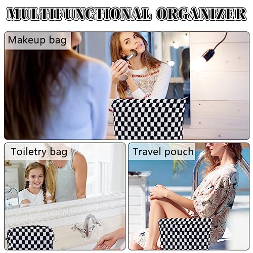 ZLFSRQ 2Pcs Checkered Makeup Bag for Women Large Capacity Cosmetic Bag Set Travel Makeup Pouch for Purse Zipper Toiletry Organizer Cute Y2K Aesthetic Trendy Makeup Brushes Storage Bag(Pink/Brown)