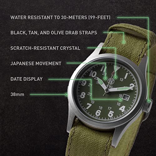 Smith & Wesson Men's Military Watch, 3 Interchangeable Canvas Straps, 3 ATM Water Resistant, Date Display, Scratch Resistant Glass, Suitable for Outdoor Activities, Swimming, 38 mm, Christmas Gift