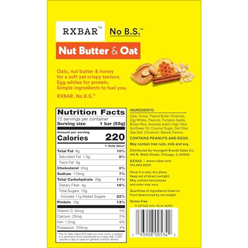 RXBAR Nut Butter and Oat Protein Bars, Protein Snacks, Snack Bars, Honey Cinnamon Peanut Butter, 23.2oz Box (12 Bars)