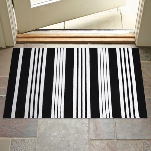 Ailsan Black and White Striped Rug Doormat 24"x35", Washable Black Front Door Mats, Woven Outdoor Porch Rug for Layered Kitchen/Farmhouse/Home Entrance