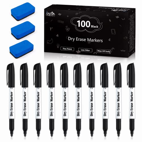 Dry Erase Markers, Lineon 100 Bluk Pack Black Whiteboard Markers with 2 Eraser, Fine Point Dry Erase Markers Perfect For Writing on Whiteboards, Dry-Erase Boards,Mirrors for School Office Home