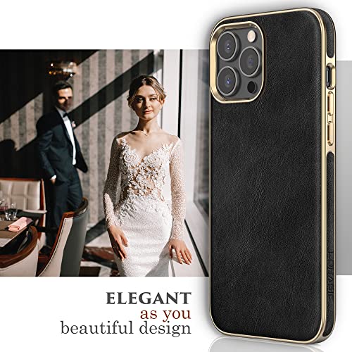 LOHASIC Phone Case for iPhone 14 Pro, Vintage PU Leather Luxury Elegant Men Women Cover, Anti-Slip Grip Scratch Resistant Protective Drop Proof Slim TPU Bumper, 6.1 Inch, 5G, 2022 - Black Gold