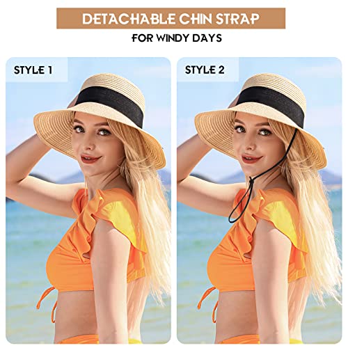 Beach Sun Hats for Women, Wide Brim Straw Hats with Adjustable Band, UPF 50+ Summer Foldable Roll up Hat