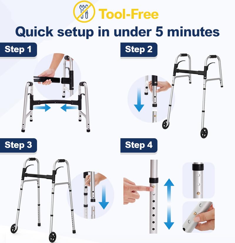 HolyHeal Folding Walkers for Seniors with 2 Skis and 5" Wheels, Lightweight Adult Rolling Walker, Supports Up to 350 Pounds, Adjustable Height, Aluminum Standard Walker, Silver