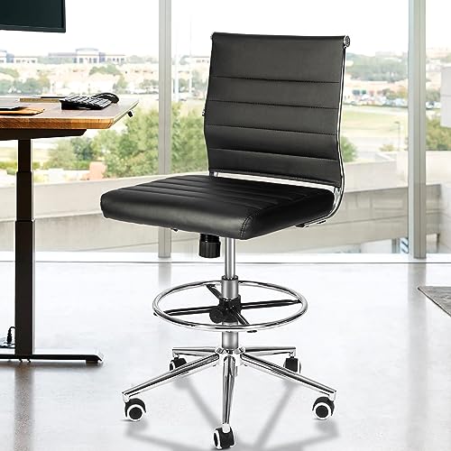 LUCKWIND Drafting Chair Tall Office Chair Ribbed - Mid-Back PU Leather Standing Desk Stool with Adjustable Foot Ring Wide Seat Tilt-Tension Rocker Lumbar Support Swivel Rolling 400lbs, Black