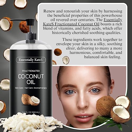 Essentially KateS Fractionated Coconut Oil 16.9 Fl Oz (500ML) - Body Oil, Massage Oil, Hair Oil, Nail Oil, and Carrier Oil for Essential Oils, No Scent
