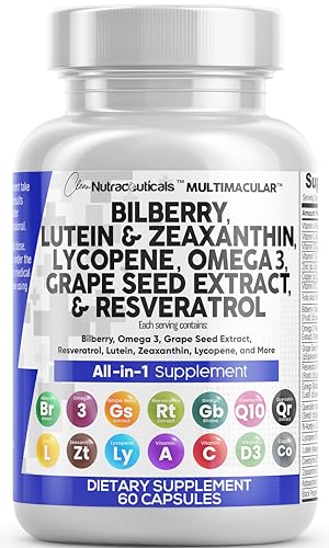 Eye Health Vitamins with Bilberry 6000mg Lutein & Zeaxanthin 40mg Lycopene 40mg Resveratrol 3000mg Grape Seed Extract 6000mg Omega 3 4000mg Astaxanthin - Eye Vitamin - 60 Capsules