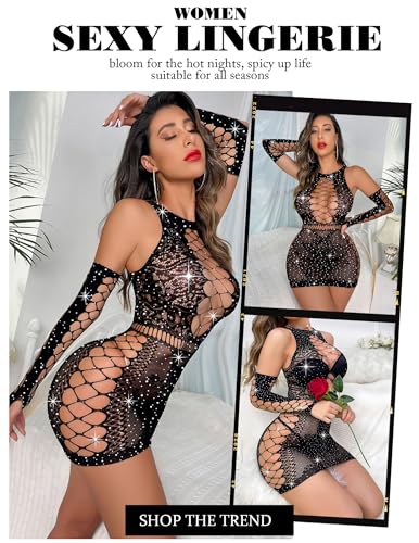 Avidlove Fishnet Lingerie Womens Mesh Chemise One Piece Babydoll Mini Dress Lace Sparkle Rhinestone Lingeries for Women Black