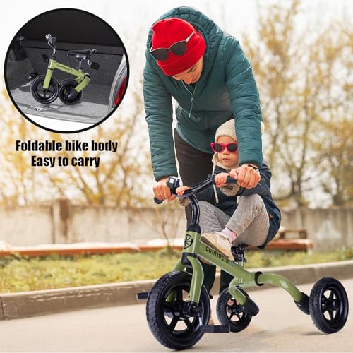 YGJT 3 in 1 Tricycle for Toddlers Age 2-5 Years Old, Folding Kids Balance Bike with Adjustable Seat and Removable Pedal, Toddler Bike Ride-on Toys for Infant, Gifts for Baby Boys Girls(Army Green)