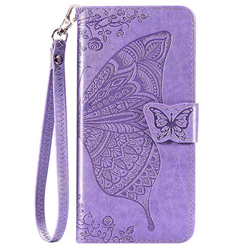 CaseHQ Compatible with iPhone 12 Mini Case 5.4 inch(2020),Wallet Case for Women and Girls,Premium Strap with Card Holder,3D Embossed Butterfly,Pu Leather Flip-Purple