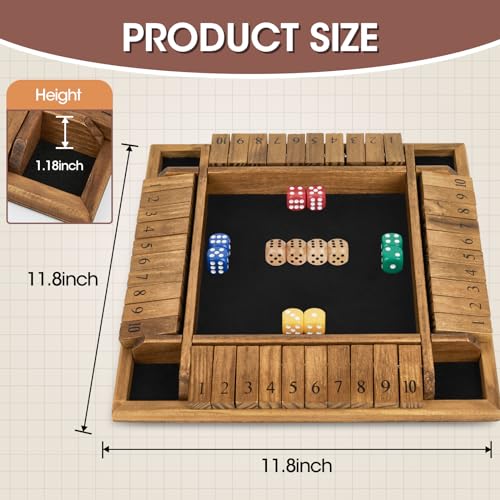 VAMSLOVE Shut The Box Dice Game Wooden Board for 2-4 Player, 4 Sided 10 Numbers Math Games with 8+4 Dices Close The Box for Kids Adults(Instructions Included)