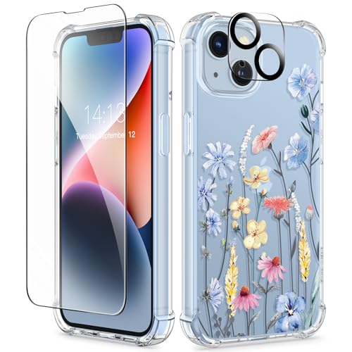 GVIEWIN for iPhone 14 Case Floral, with Screen Protector + Camera Lens Protector,[Non Yellowing]Soft Shockproof Clear Phone Protective Cover for Women, Flower Pattern Design 6.1"(Morning Glory/Purple)