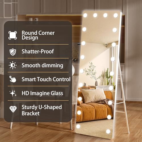 OUYOBO Full Length Mirror with Lights, 55" x 18" Led Standing Mirror, Hollywood Full Body Mirrors with Bulbs, Wall Mounted, 3 Colors Temperature