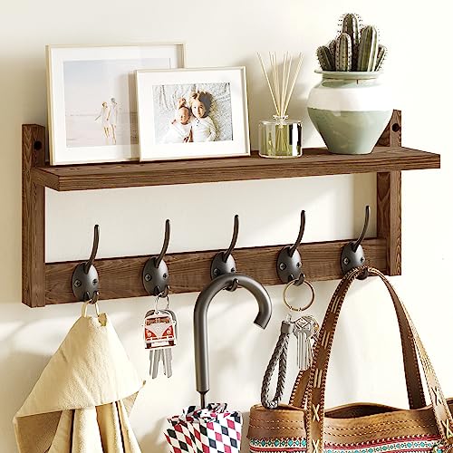 AMBIRD Wall Hooks with Shelf | Entryway Hanging Wood Coat Hooks | Wall-Mounted Rack with 5 Dual Hooks | Bathroom, Living Room, Bedroom (Modern).