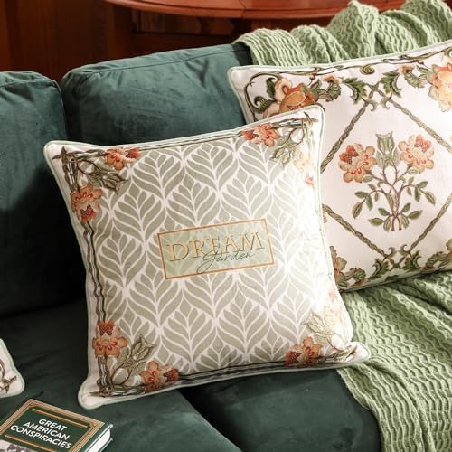 patdrea Designer Pack of 4 Idyllic Throw Pillow Covers 18x18 Inch,Green Vine Velvet with Dreamy Floral Collection Pattern,Decorative Square Pillowcases Cushion for Bed Living Room Outdoor Car