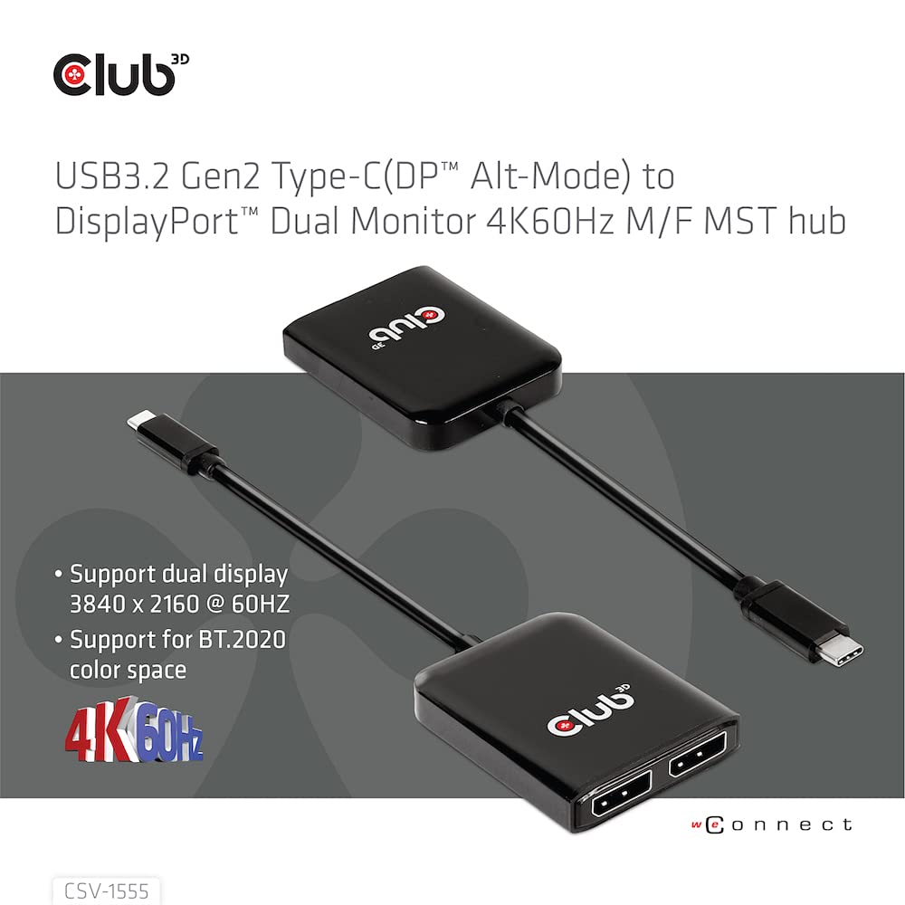 Club 3D CSV-1555 USB3.2 Gen2 Type-C(DP Alt-Mode) to DisplayPort Dual Monitor 4K60Hz M/F MST hub