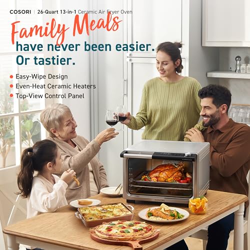 COSORI 13-in-1 Ceramic Air Fryer Toaster Oven Combo, Flat-Sealed Heating Elements for Easy Cleanup, Innovative Burner Function, 7 Accessories & Recipes, 26QT, Silver, Stainless Steel