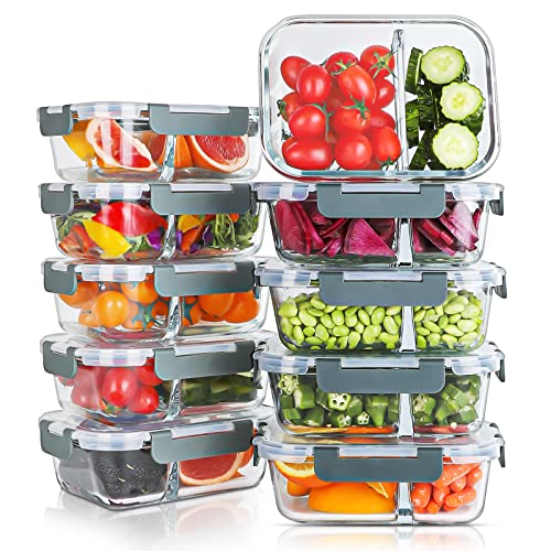 KOMUEE 10 Packs 30oz Glass Meal Prep Containers 2 Compartments,Glass Food Storage Containers with Lids,Airtight Lunch Bento Boxes,Microwave,Oven,Freezer and Dishwasher Safe