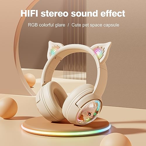 PHNIXGAM Cat Bluetooth Headphones, Wireless Headset with Mic, RGB LED Light Compatible with Mobile Phones PC Tablet, with 3.5mm Wired Mode for Audio Only, Beige