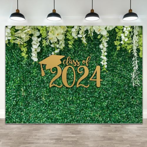 Wollmix 2024 Graduation Party Decorations Photo Backdrop for Photography Banner Class of 2024 Congrats Grad Congratulations Graduate Green Leaves Cap Grass Leaf Background Prom Photo Booth Props 5x3ft