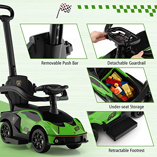 Costzon Push Cars for Toddlers, 3 in 1 Licensed Lamborghini Stroller Sliding Walking Car w/Handle, Armrest Guardrail, Underneath Storage, Horn, Foot-to-Floor Ride On Toy for Boys Girls (Green)