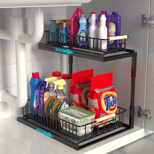 UBTKEY Under Sink Organizer, Pull-Out Cabinet Organizer 2 Tier Slide Out Sink Cabinet Storage Shelves, Under Sink Cabinet Organizer Storage for Kitchen Bathroom, Black