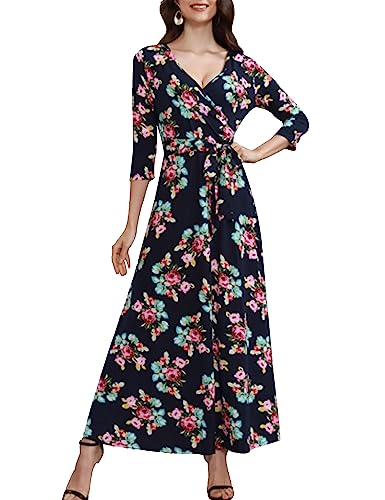 Aphratti Maxi Dresses for Women 2024 Casual Fall 3/4 Sleeve Faux Wrap V Neck Floral Flowy Long Maxi Dresses Blue Small