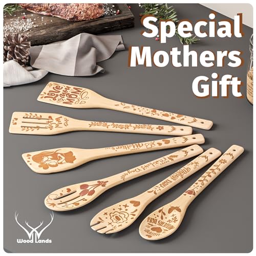 WoodLands Premium Mother’s Day Bamboo wooden spoons for cooking - ideal wooden cooking utensils set Gifts For mom From Daughter - Wood Spoons for Cooking - Wooden Spoon Mothers Day Gifts From Daughter