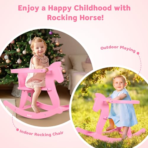 Belleur Rocking Horse for Kids 1-3 Years Old, Wooden Rocking Toy for Toddlers with Removable Fence for Indoor & Outdoor Activities, Baby Horse Riding Toy for Birthday & Visit Gifts