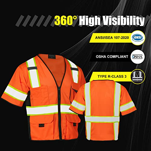 Sicalobo High Visibility Vest with Pockets Zipper for Men Women Construction Vest with Reflective Strips,Orange,L