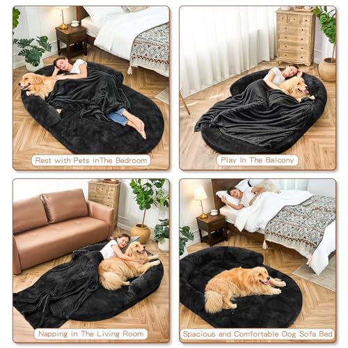 Human Dog Bed for Adult People, Large Gaint Shared Bed Foldable Adjustable Flufelbed Standard Cloud Bed with Memory Foam,Fluffy Faux Fur Orthopedic Nap Dog Bean Bag Sleeping Bed with Black Blanket