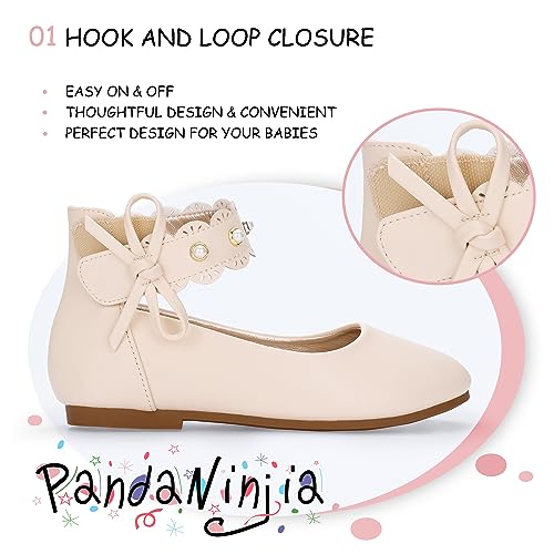PANDANINJIA Girls Dress Shoes Flower Girl Beige Flats Pearls Ballet Bow Mary Jane Ankle Strap Sara Wedding Party Shoes for Toddler Little Big Kid, Size 4