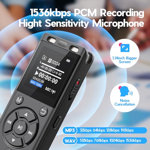 96GB Digital Voice Recorder One Click, HD Recording Easy Control Voice Recorder with Playback, Large Screen 7000 Hours Sound Audio Recorder Recording Tape for Lectures Meeting MP3 Player