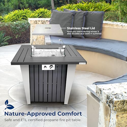 Outdoor Propane Fire Pit Table - CSA/ETL Certified 50,000 BTU Pulse Ignition Weatherproof Square Propane Gas Fire Table w/Adjustable Flame - Glass Wind Guard, Glass Rocks - SereneLife SLNFRE27