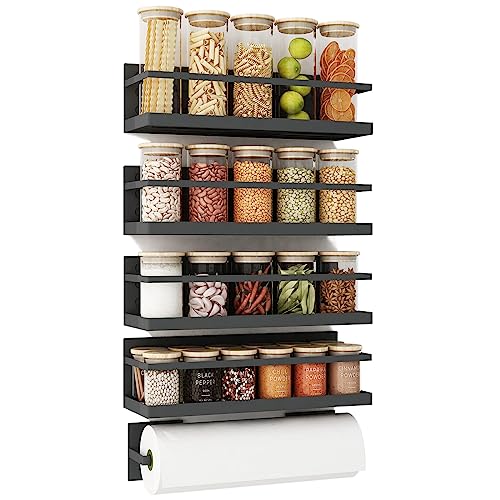 Roysili Spice Rack Magnetic Spice Rack for Refrigerator Magnetic Shelves for Fridge With Magnetic Paper Towel Holder 4 Pack Black