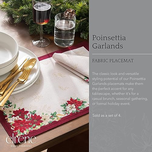 Elrene Home Fashions Poinsettia Garlands Holiday Engineered Placemats, Set of 4, 13"x19", Multi