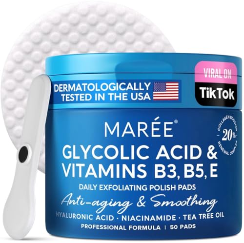 MAREE Glycolic Acid Pads - Toner Pads for Face Cleansing With Tea Tree Oil - Exfoliating Pads with Salicylic Acid & Vitamins E, B3, B5 - Face Pads Facial Peel & Radiance Deep Cleaning Effect - 50 Pads